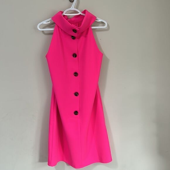 Sail To Sable Neon Pink Rolled Neckline Sheath Dress W/ Large Back Buttons - Picture 4 of 11